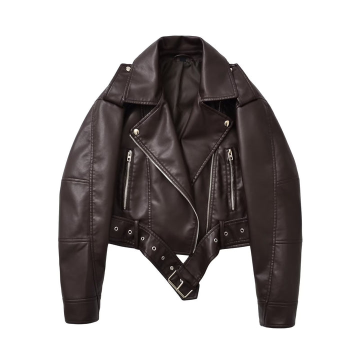 Women tailored faux leather biker jacket with belt Mune Fashion