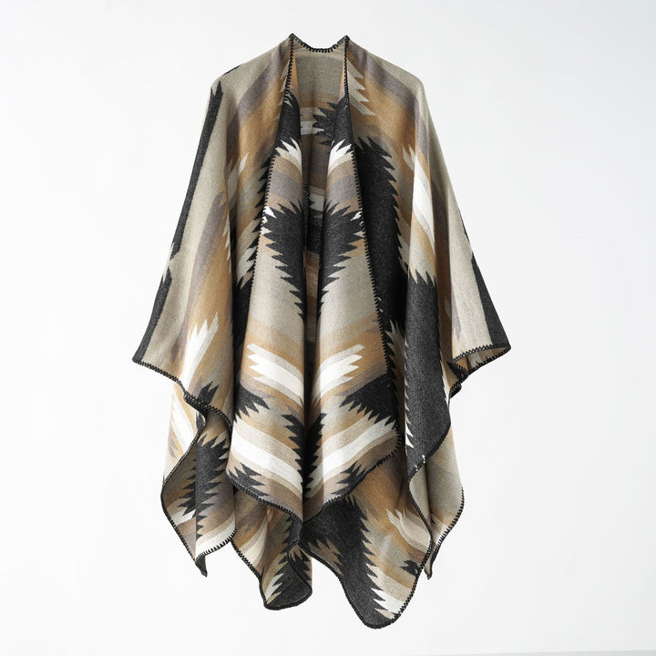 Women's wool-look ruana with graphic ethnic jacquard and decorative overlock seam Mune Fashion