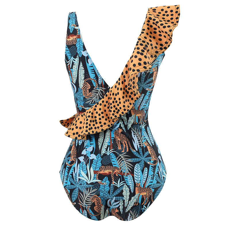 Women's one-piece swimsuit with playful ruffle design and floral wrap skirt Mune Fashion