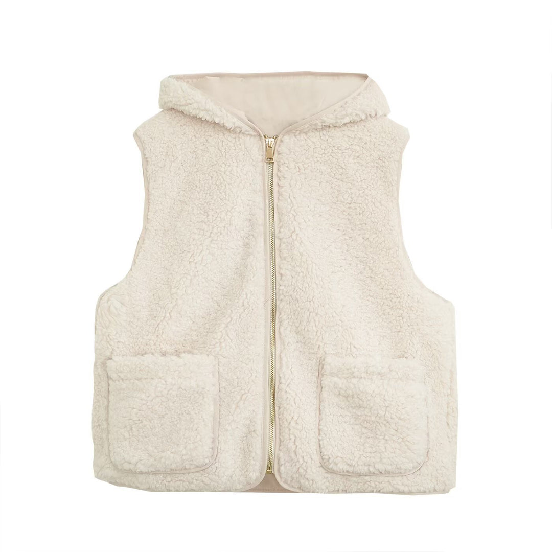 Women Padded Sherpa Vest with Hood, Zipper and Patch Pockets Mune Fashion
