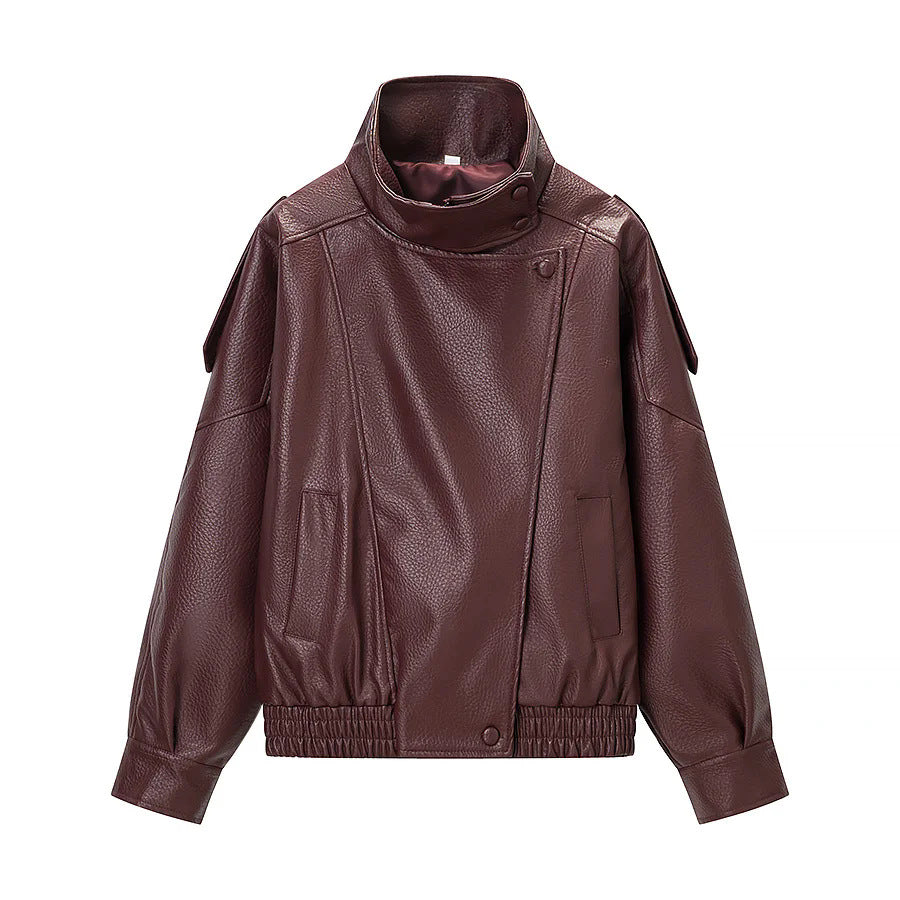 Women's oversized faux leather jacket with high stand-up collar, asymmetric snap button placket, and elastic hem Mune Fashion