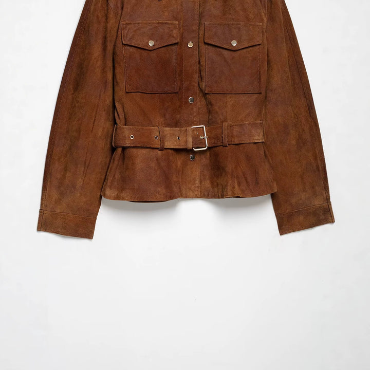 Women's short jacket in safari style made of suede with waist belt and patch chest pockets Mune Fashion