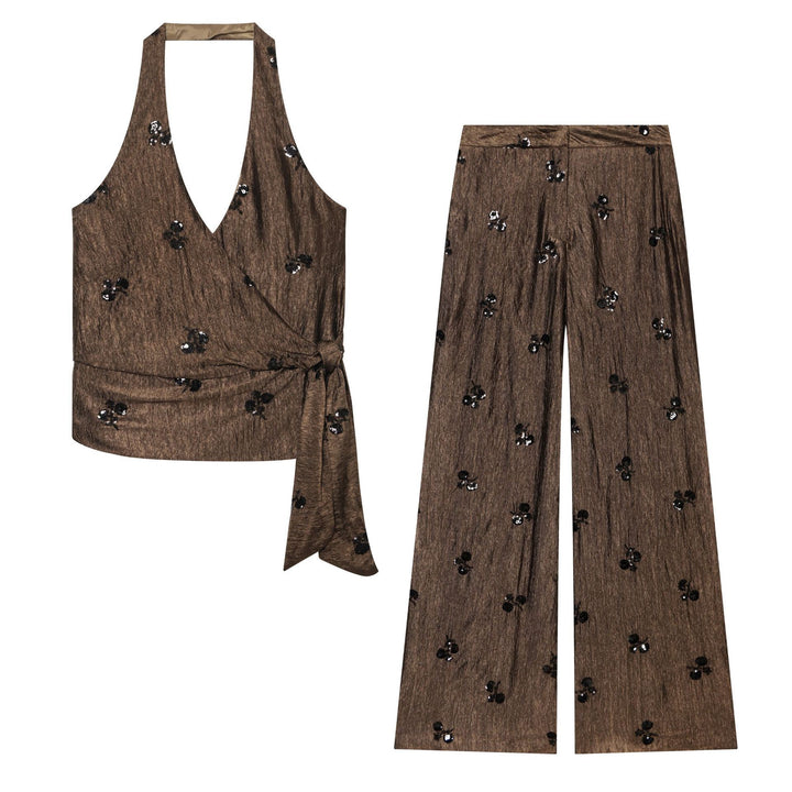Ladies Wide High-Waist Pants with Crinkle Effect and Sequin Flowers Mune Fashion