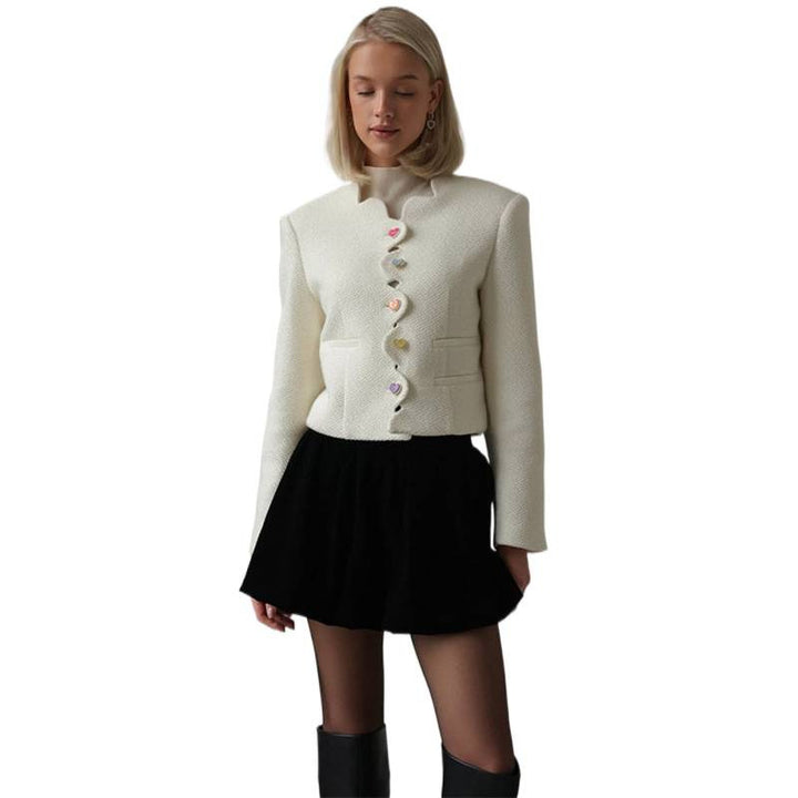 Women's Bouclé Cropped Blazer with Sculptural Shoulder and Wavy Button Placket Mune Fashion