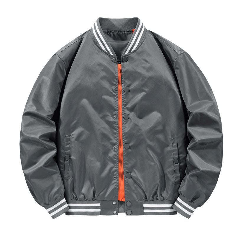 Men's Lightweight College Bomber with Striped Ribbed Collar, Snap Button Front, and Contrasting Inner Lining Mune Fashion