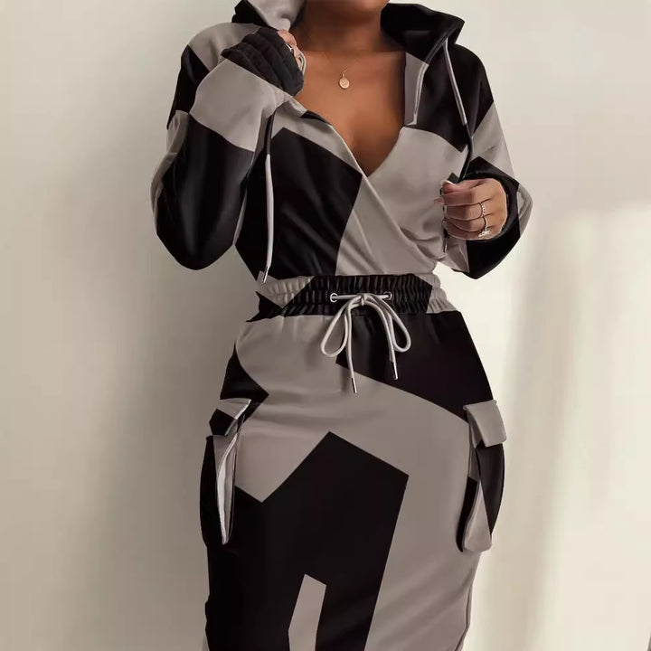 Women's Hooded Sweat Dress with V-Neck, Drawstring Waist and Cargo Pockets Mune Fashion