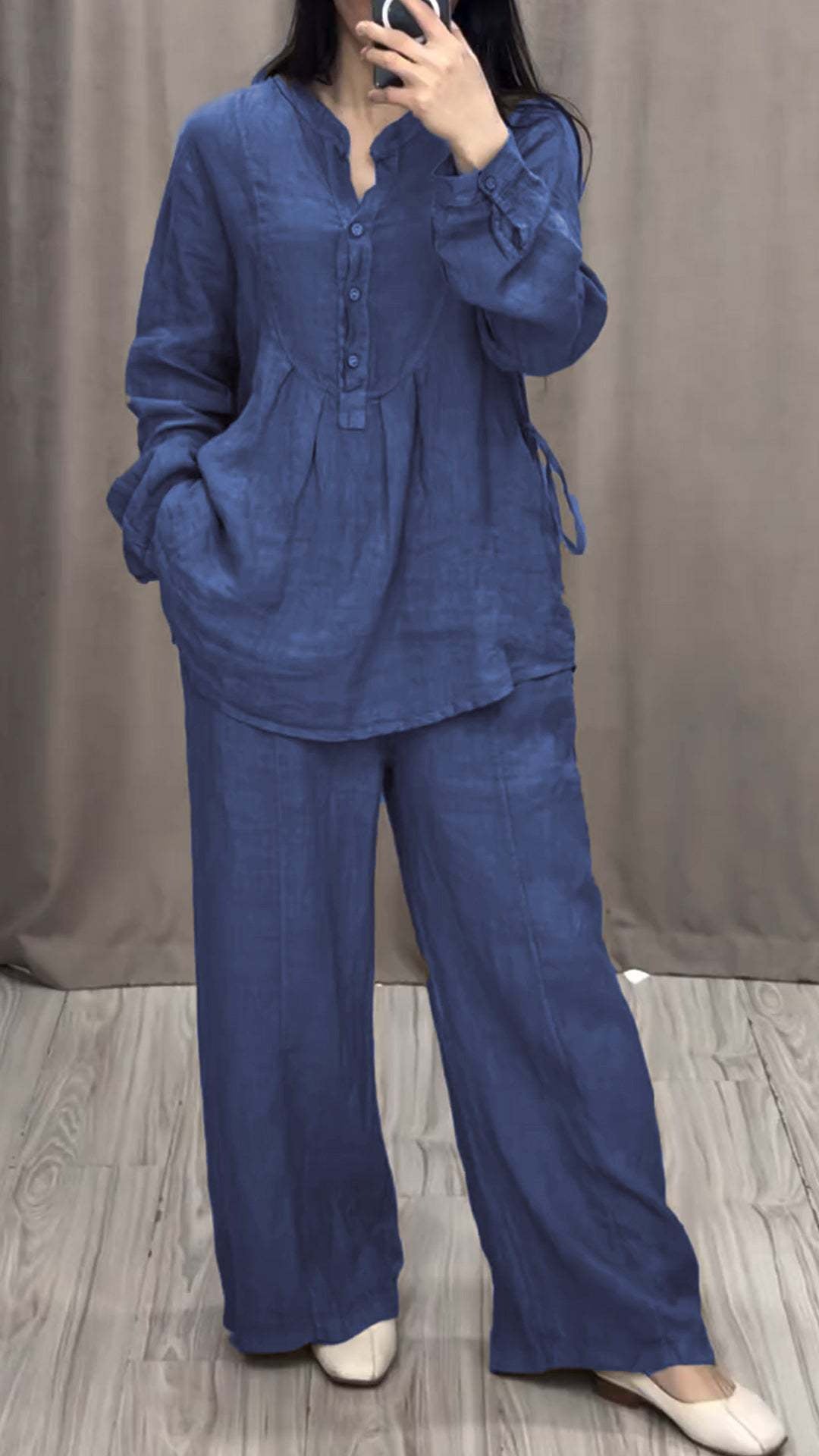 Ladies casual linen set tunic with wide leg, button placket and side pockets Mune Fashion