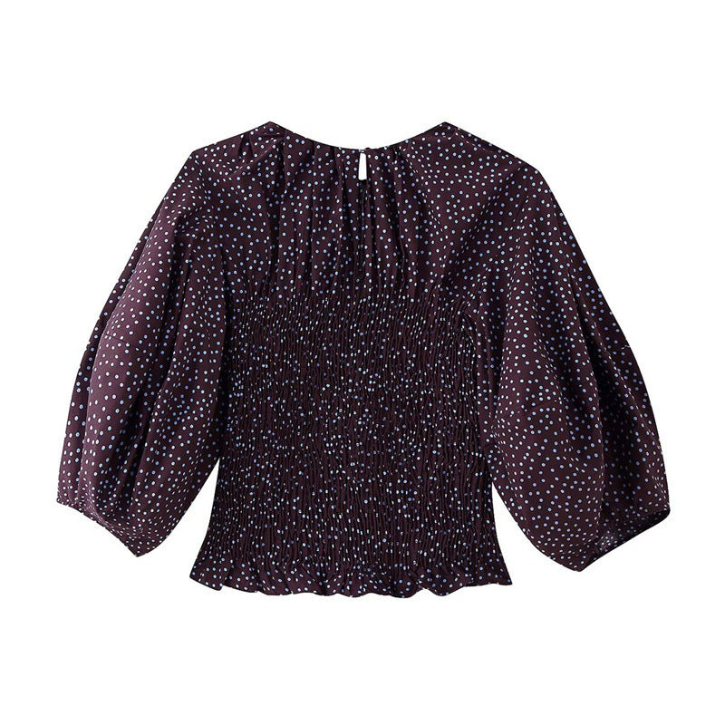 Women gathered polka dot top with elastic smocked body, balloon sleeves and ruffle hem Mune Fashion