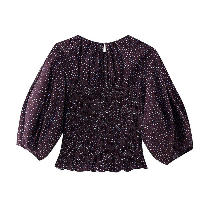 Women gathered polka dot top with elastic smocked body, balloon sleeves and ruffle hem Mune Fashion