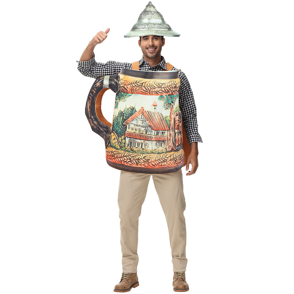 Men's humorous beer mug costume with removable lid and adjustable carrying straps Mune Fashion