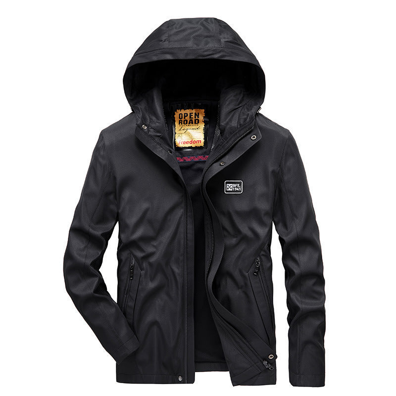 Men's lightweight water-repellent softshell jacket with hood, windproof cut, and zippered pockets Mune Fashion