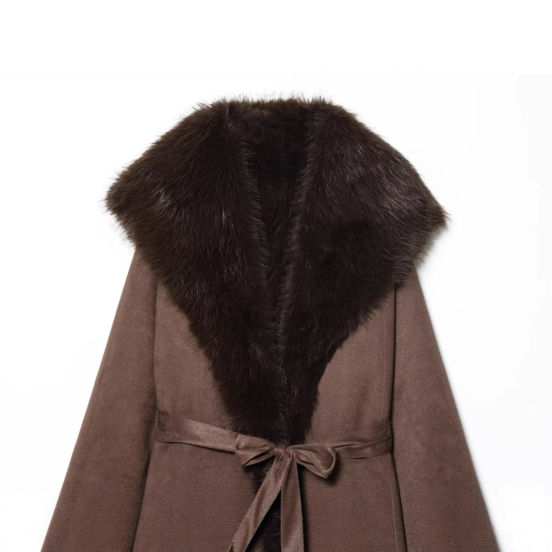 Women's Long Sheepskin Look Coat with Hood, Tie Belt and Faux Fur Trim Mune Fashion