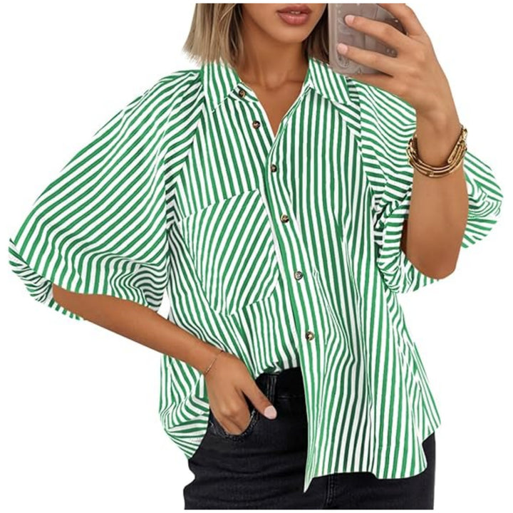 Women Oversize Shirt with Balloon Sleeves and Striped Pattern Mune Fashion