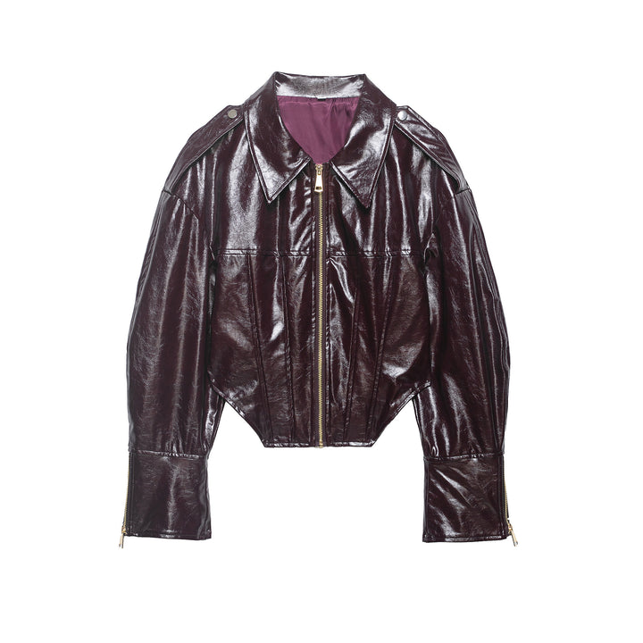 Women's Cropped Patent Leather Look Biker Jacket with Oversized Sleeves, Epaulettes and Continuous Front Zip Mune Fashion