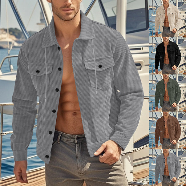Men's casual fine ribbed cord jacket with stand-up collar, chest pockets and elastic hem Mune Fashion
