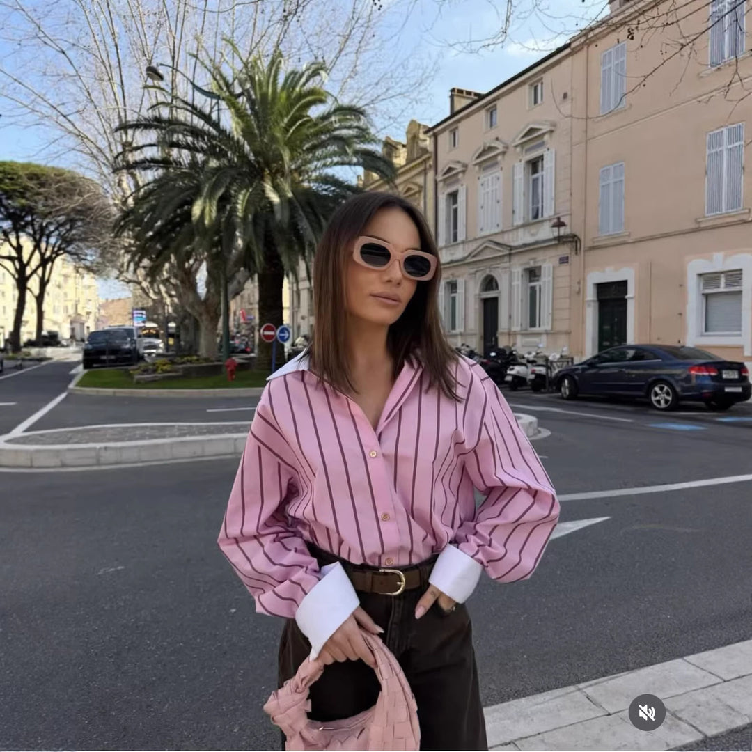 Women Striped Oversized Blouse with Contrast Collar and Cuffs Mune Fashion
