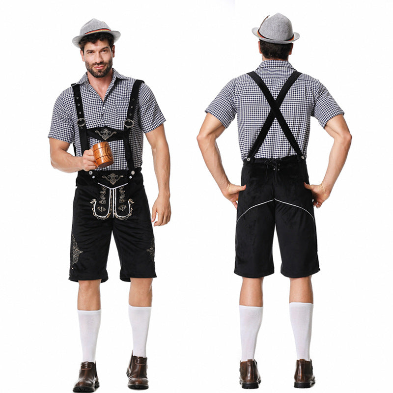 Men's traditional short leather trousers with elaborate embroidery and adjustable straps Mune Fashion