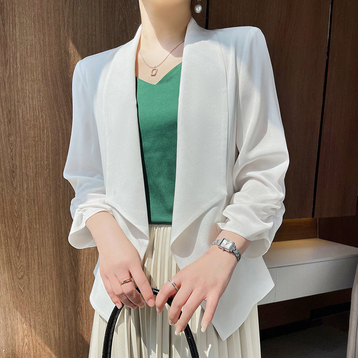 Women's shawl collar blazer with satin trim, open front and casual short fit Mune Fashion