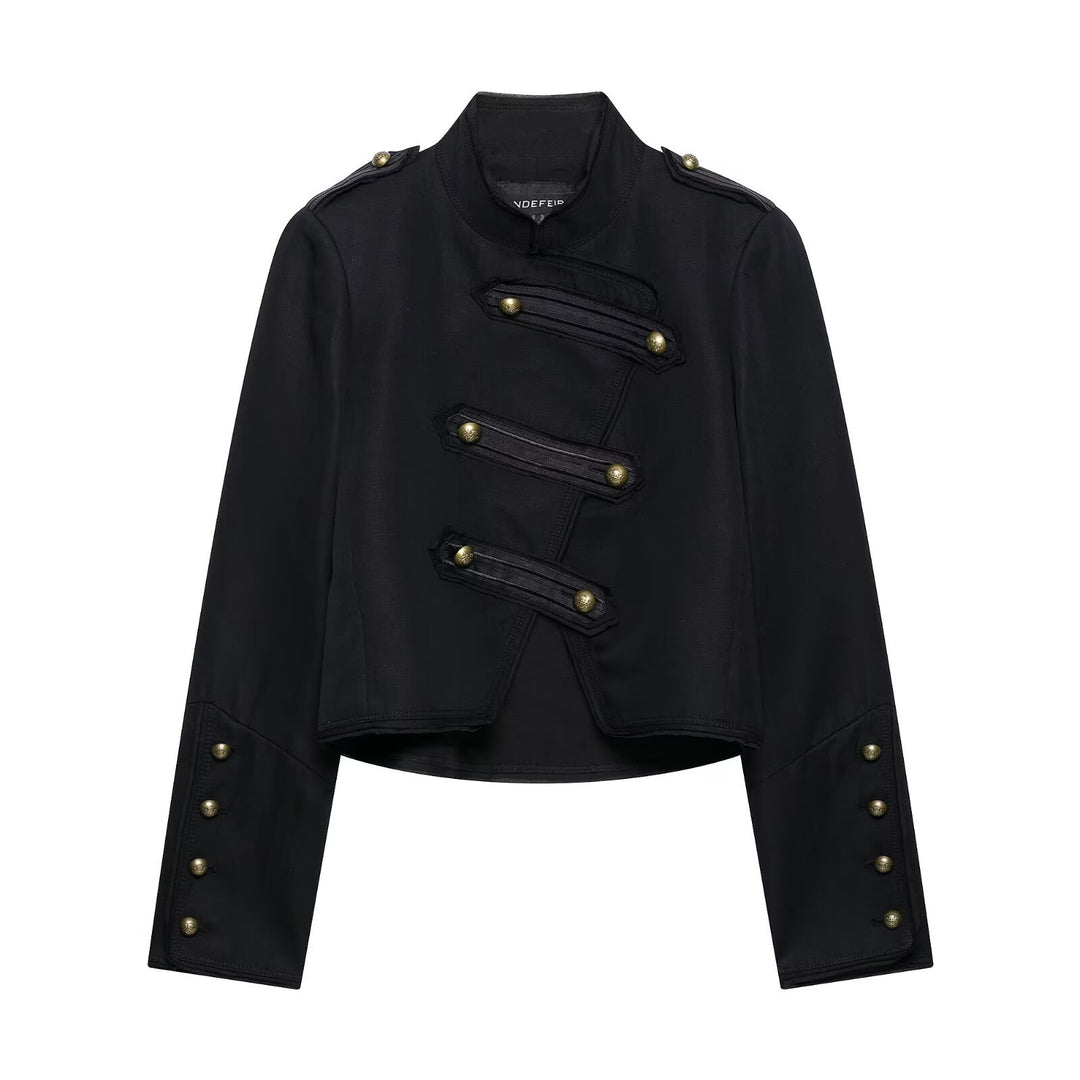 Women's short-cut military jacket in hussar style with stand-up collar and decorative button placket Mune Fashion