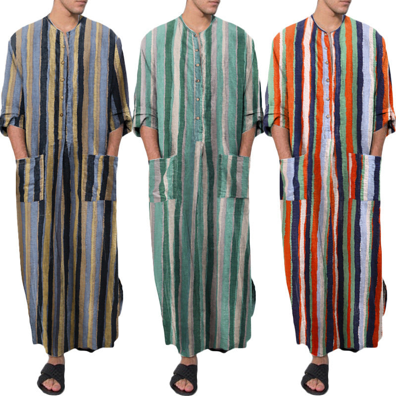 Men's casual kaftan made of linen blend with button placket and patch pockets Mune Fashion