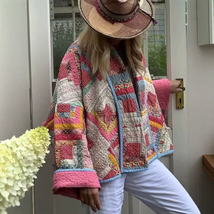 Ladies Nan quilted patchwork kimono jacket with shiny satin lining and wide shawl collar Mune Fashion