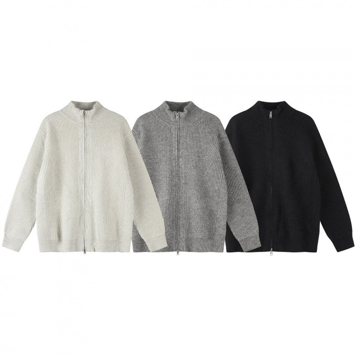 Unisex Chunky Knit Zip-Up Knit Cardigan with Stand-Up Collar and Ribbed Structure Mune Fashion