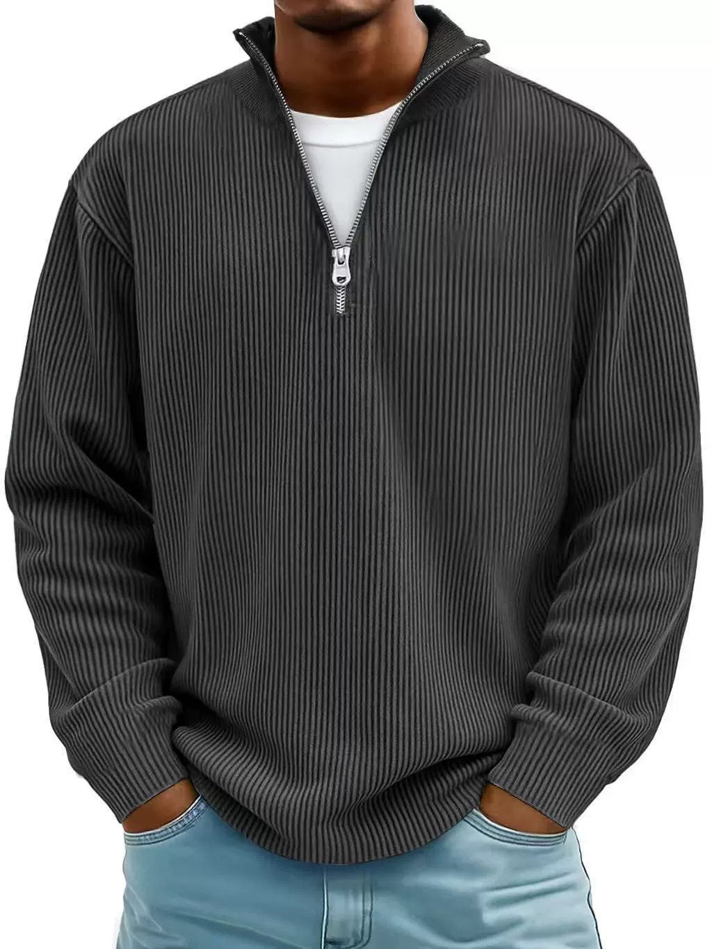 Men's ribbed knit pullover with half-zip and stand-up collar Mune Fashion