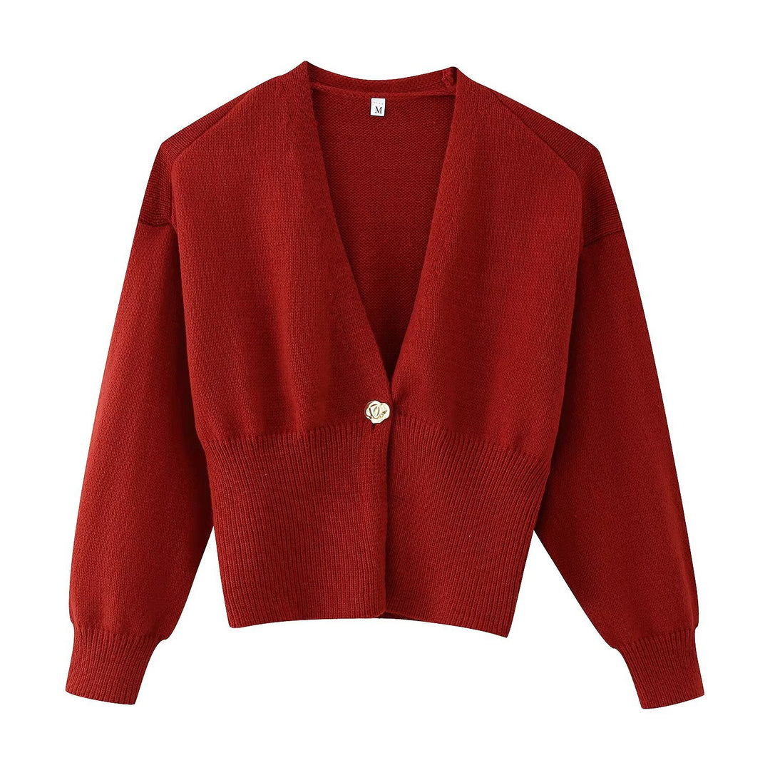 Women Short V-Neck Cardigan with Balloon Sleeves and Decorative Button Mune Fashion