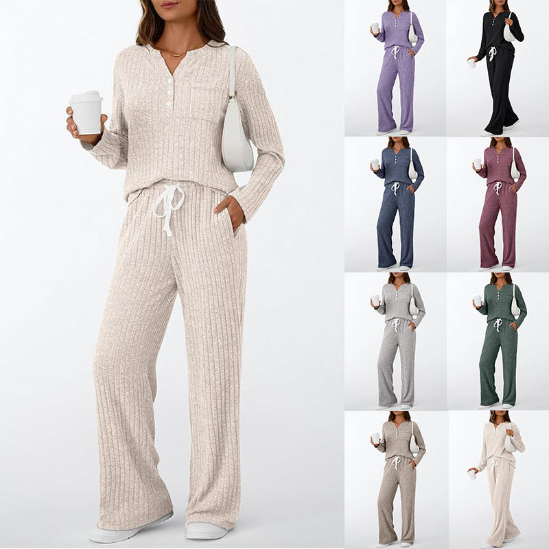 Women Ribbed Knit Lounge Set with Button Placket and Wide Drawstring Pants Mune Fashion