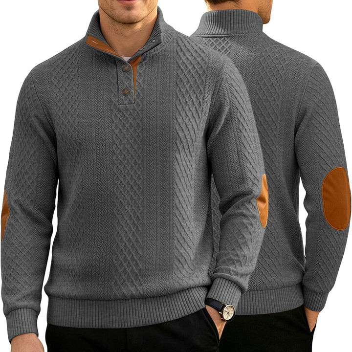 Men's Cable Knit Jumper with Stand-Up Collar and Leather Look Elbow Patches Mune Fashion
