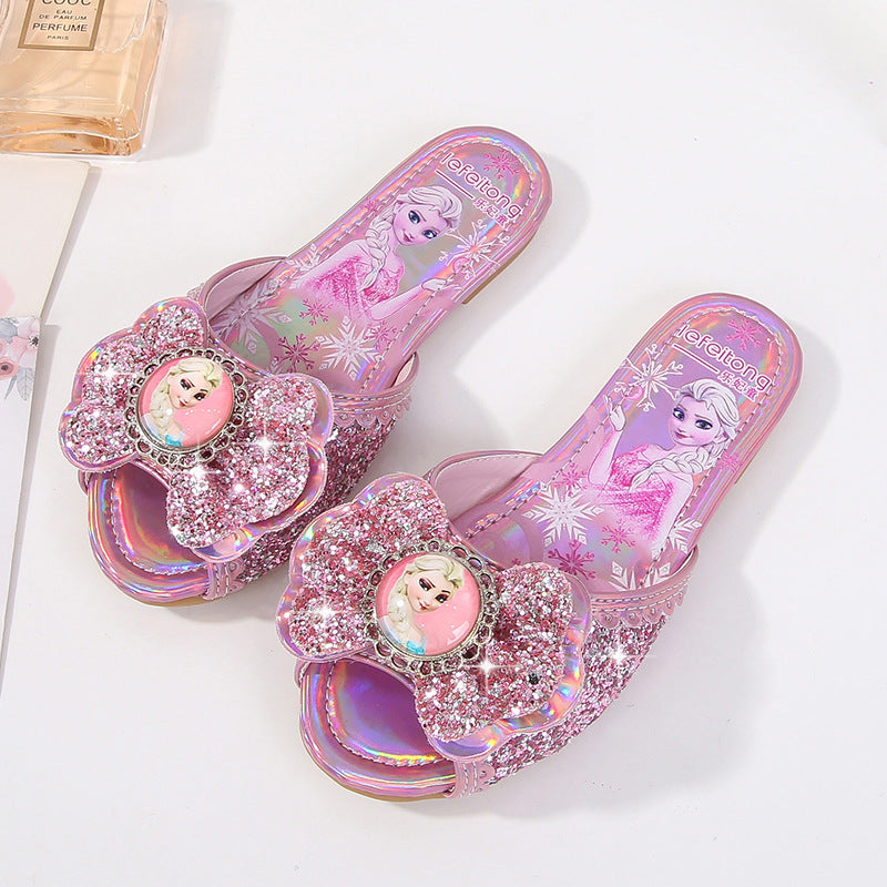 Girl Glittering Slippers with Flower Application Mune Fashion