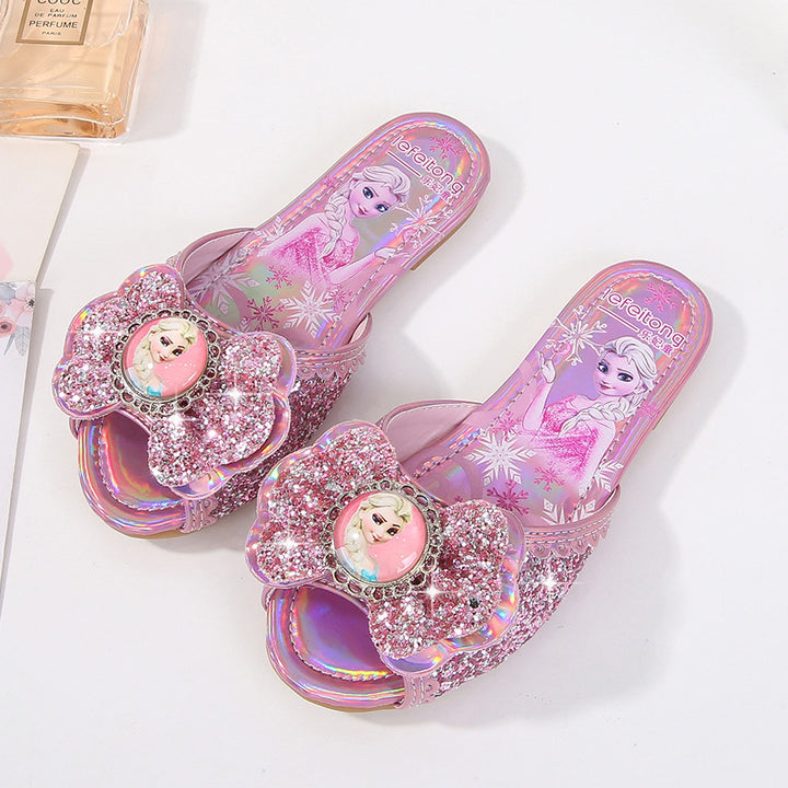 Girl Glittering Slippers with Flower Application Mune Fashion