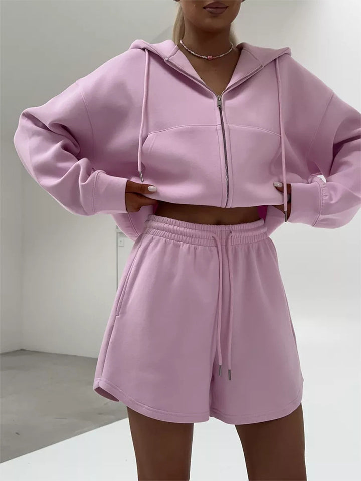 Women nan short hoodie sweatshirt with zipper and elastic high-waist relax shorts set Mune Fashion