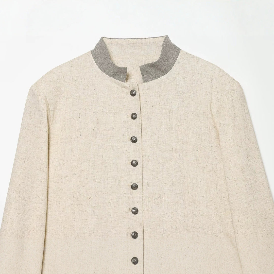Women's cropped jacket in boxy cut with short stand-up collar and decorative button placket Mune Fashion