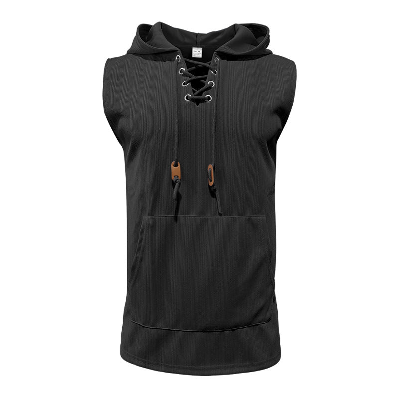 Men sleeveless hoodie sweatshirt with laced collar and kangaroo pocket Mune Fashion