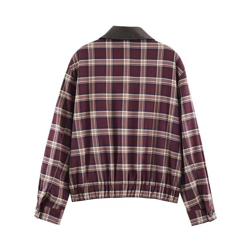 Women's Checked Blouson Jacket with Contrasting Leather Collar and Elastic Hem Mune Fashion
