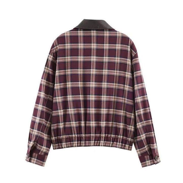 Women's Checked Blouson Jacket with Contrasting Leather Collar and Elastic Hem Mune Fashion