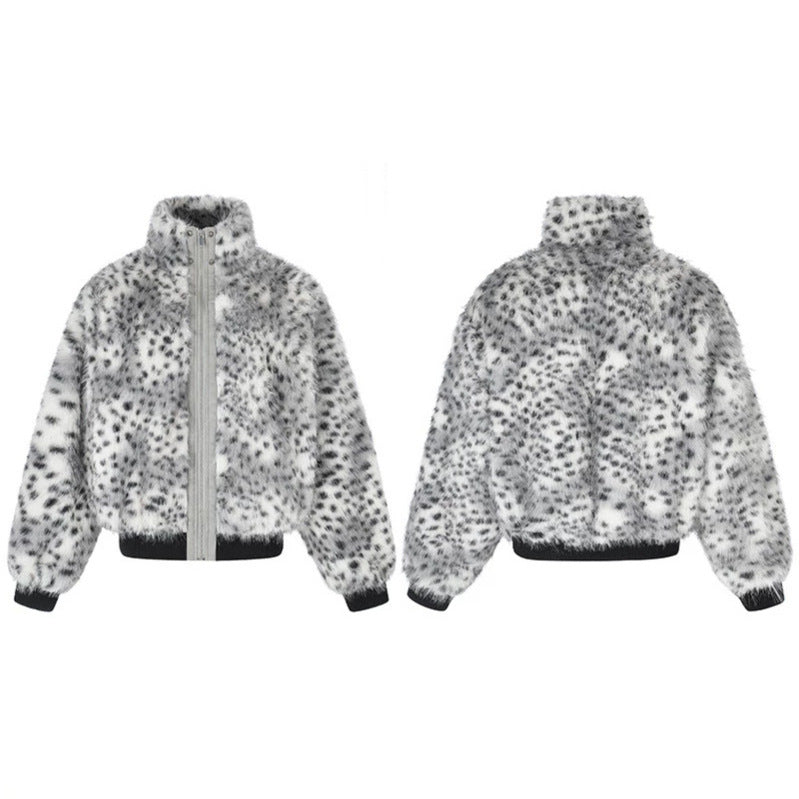 Women's Cropped Faux Fur Bomber Jacket with High Stand-Up Collar, Polka Dot Leopard Pattern, and Ribbed Hem Mune Fashion