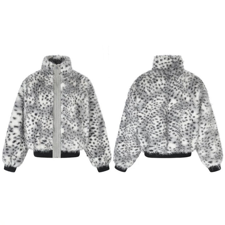 Women's Cropped Faux Fur Bomber Jacket with High Stand-Up Collar, Polka Dot Leopard Pattern, and Ribbed Hem Mune Fashion