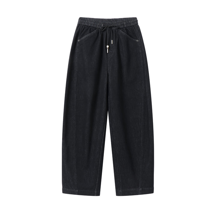 Women's loose cropped denim pants with elastic waistband, drawstring and side pockets Mune Fashion