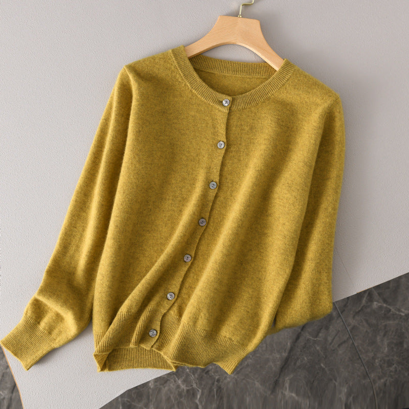 Women Lightweight Round Neck Button Cardigan in Cashmere Look with Fine Ribbed Edge and Casual Silhouette Mune Fashion