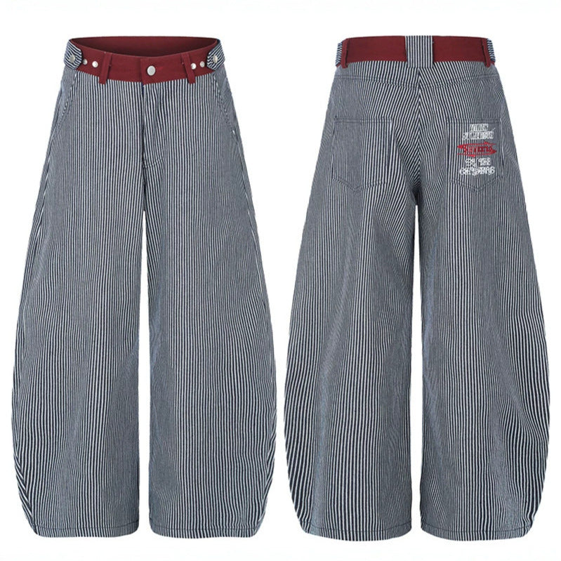 Women's Wide High-Waist Palazzo Culotte with Maritime Pinstripes and Contrasting Waist Detail Mune Fashion