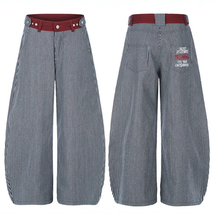 Women's Wide High-Waist Palazzo Culotte with Maritime Pinstripes and Contrasting Waist Detail Mune Fashion