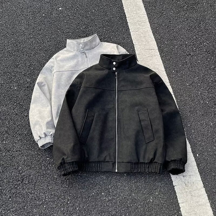 Unisex Short Cut Oversized Bomber Jacket with Stand Collar and Elastic Hem Mune Fashion