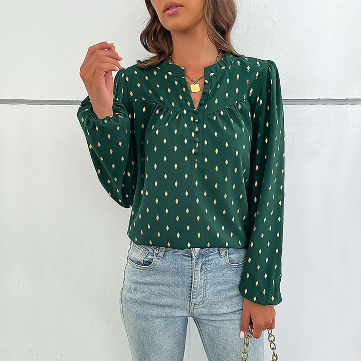 Women's Lightweight Viscose Blouse with Stand Collar, Button Placket, and Fine Drop Print Mune Fashion