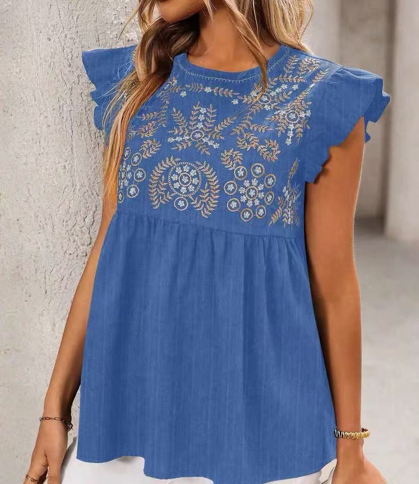 Women Loose Embroidered Babydoll Top with Ruffle Sleeves Mune Fashion