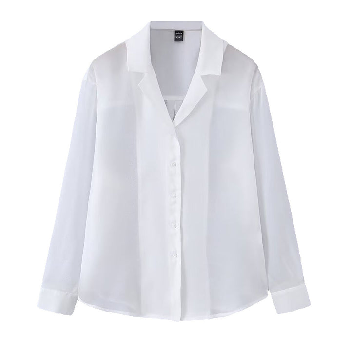 Women's Transparent Long Sleeve Blouse made of Chiffon with Notch Collar and Continuous Button Closure Mune Fashion