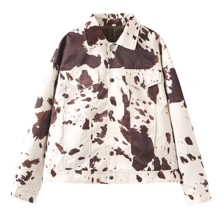 Ladies nan Oversize Denim Jacket with Cow Spot Print Snap Button Placket and Flap Pockets Mune Fashion