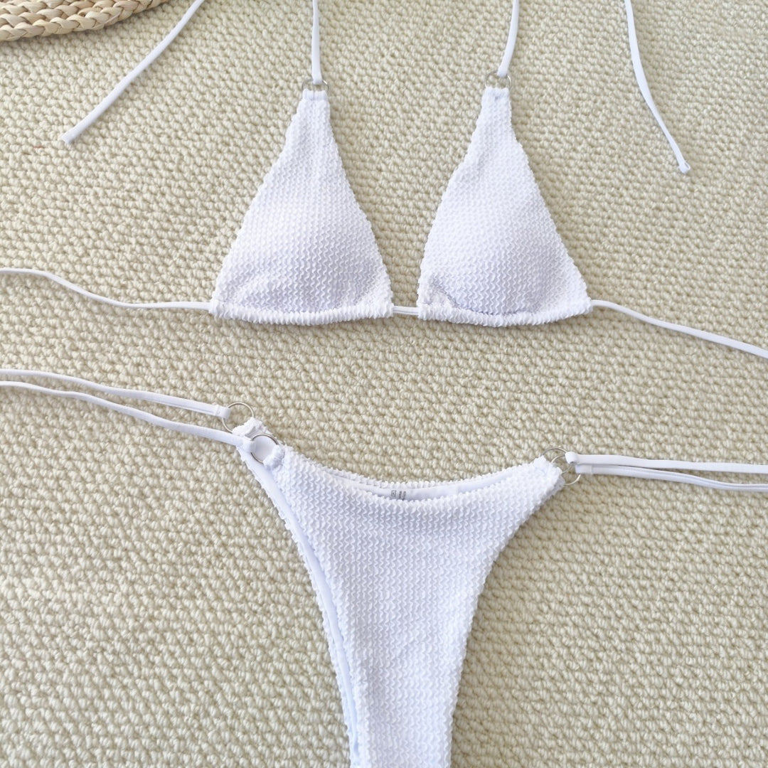 Women's triangle bikini with textured fabric and elegant ring embellishments Mune Fashion