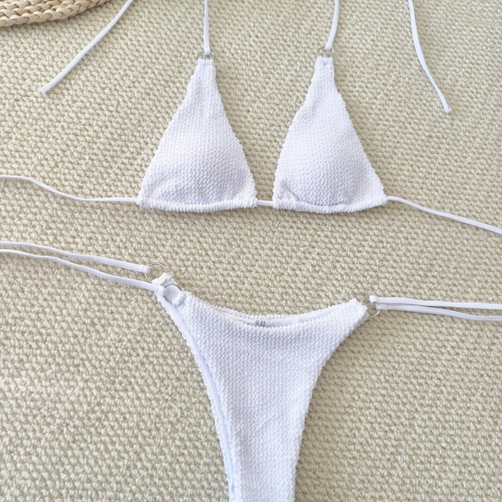 Women's triangle bikini with textured fabric and elegant ring embellishments Mune Fashion